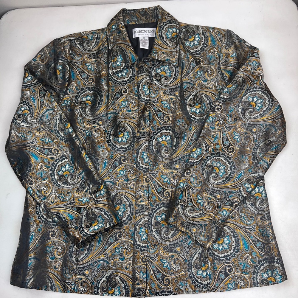Brownstone Studio Womens 1X Paisley Brocade Zip Jacket Gold Teal Black Lined
